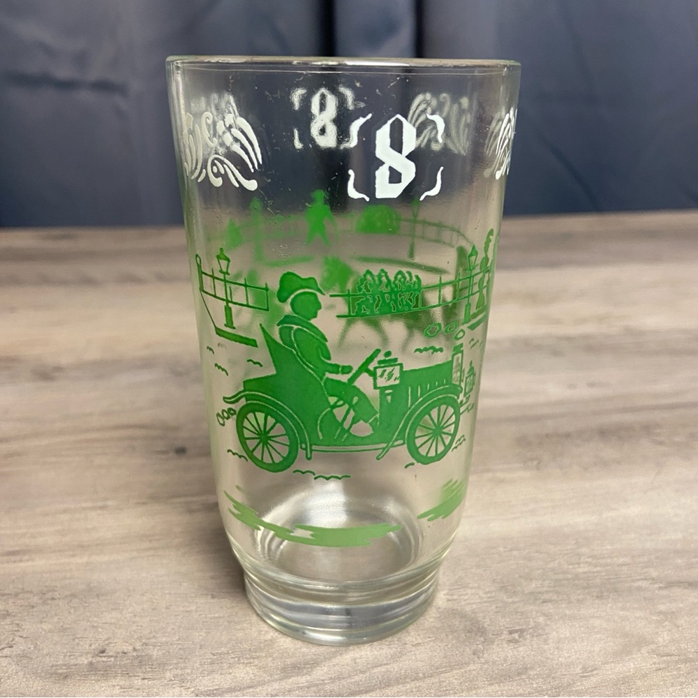 Vintage Hazel-Atlas antique car "jelly" glass tumbler, Green